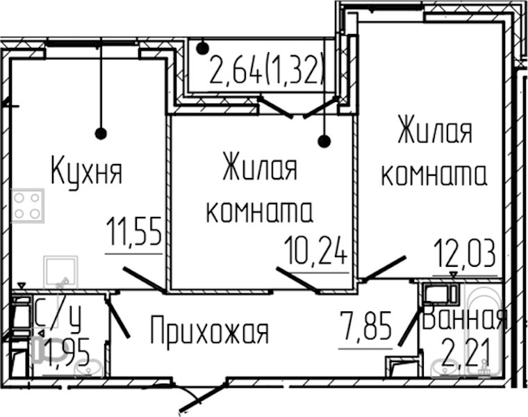 2-комнатная квартира 47.14 м², 8/8 эт., ЖК «SERTOLOVO PARK»